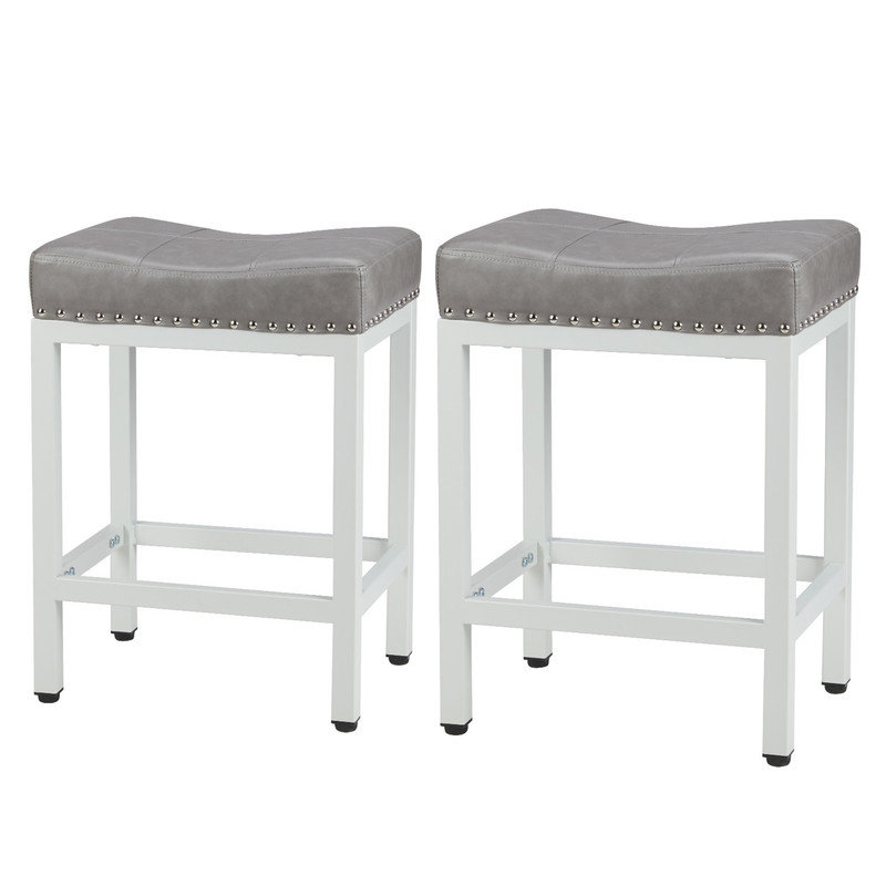 Cathern Upholstered Counter Stool with Metal Frame, Grey, White