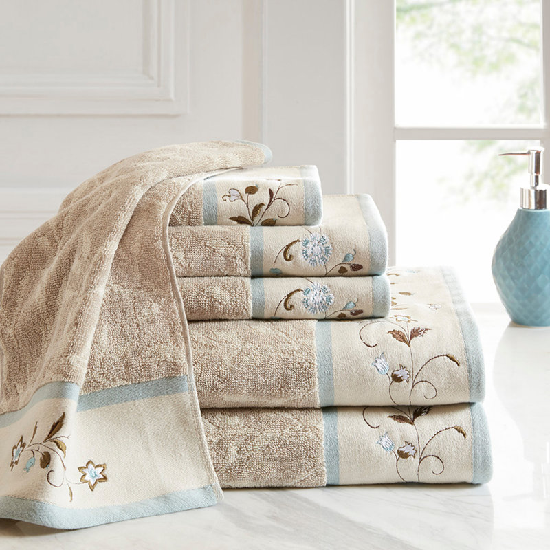 Embroidered Cotton Jacquard 6 Piece Towel Set, Blue