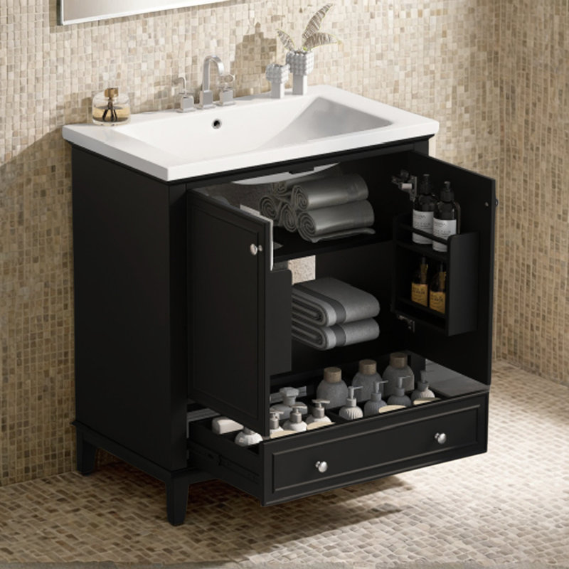 30" Bathroom Vanity with Sink Combo, Multi-functional Bathroom Cabinet with Doors and Drawer, Solid Frame and MDF Board, Black