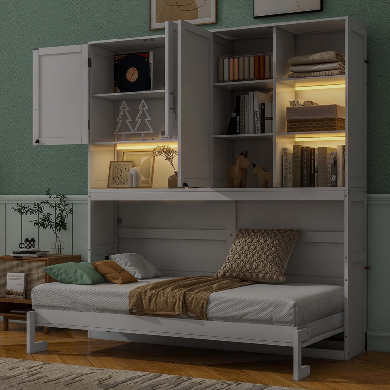 Lit escamotable mural simple avec armoire supérieure, tablettes, lit pliable peu encombrant avec lumière et USB, Blanc