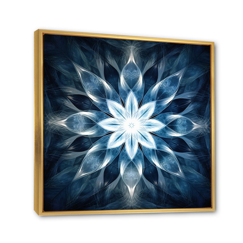 Turquoise et fleurs blanches fractales VI, H 30 po x l 30 po x P 1 po, Cadre flottant doré