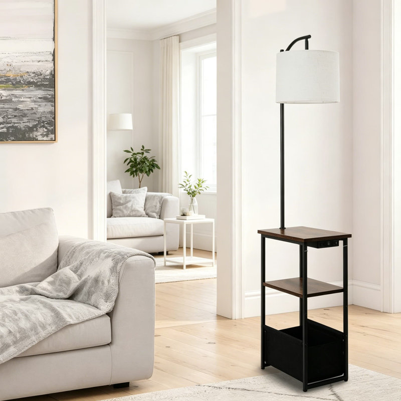 Lampe sur pied multifonctionnelle avec table d'appoint et station de charge - Éclairage à DEL réglable à 3 tons, ports USB-A / USB-C et prise de courant CA pour la chambre à coucher, le salon et le bureau à domicile