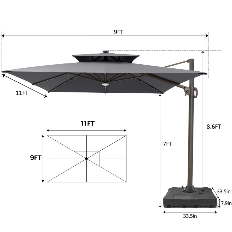 Parasol rectangulaire extérieur rectangulaire en porte-à-faux à DEL avec base de poids incluse, Gris