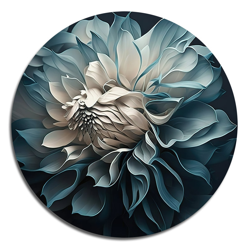 Fleurs de dahlia bleues et blanches I - Art floral rond en métal, H 16 po x l 16 po