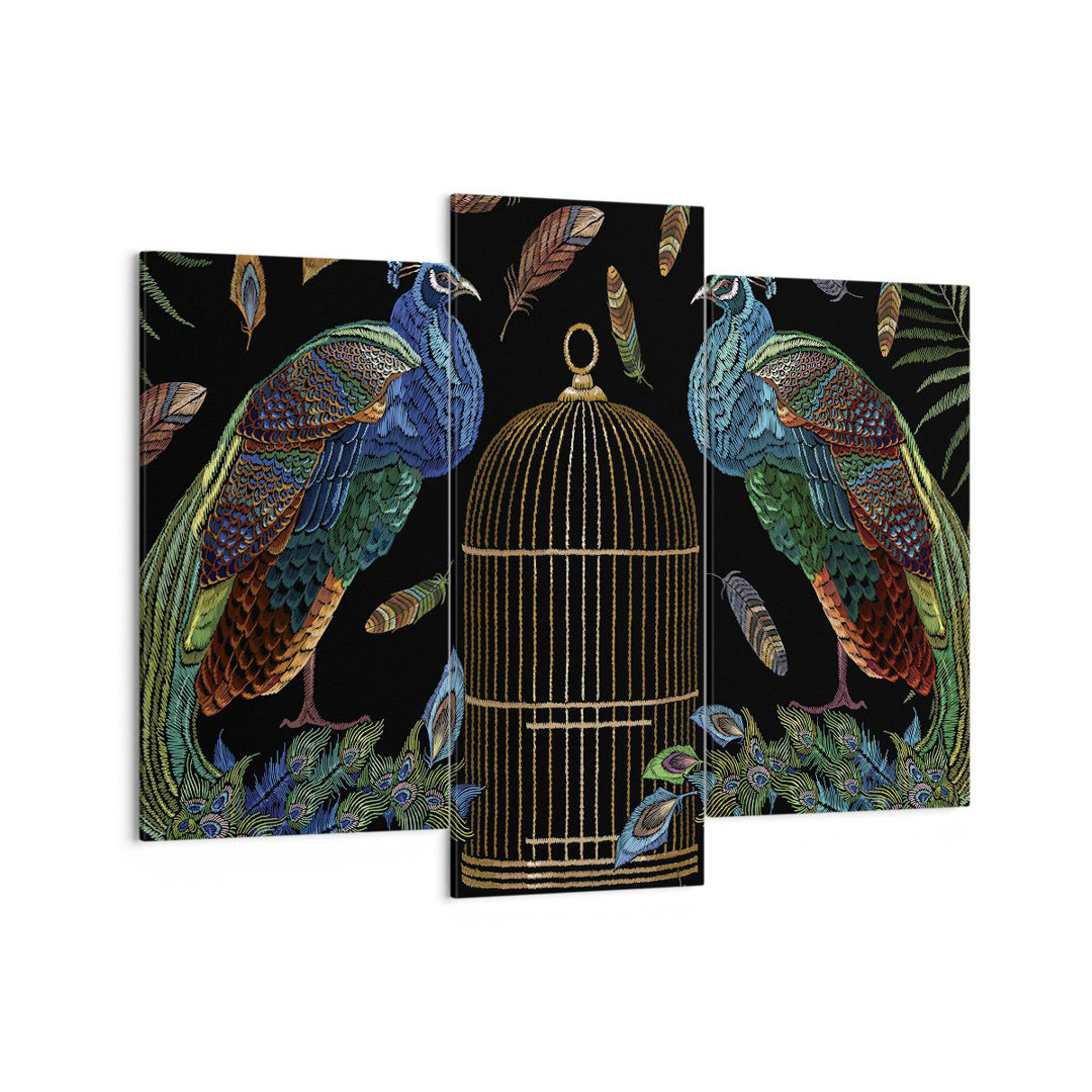 3-tlg. Leinwandbilder-Set Peacocks Gold Cage