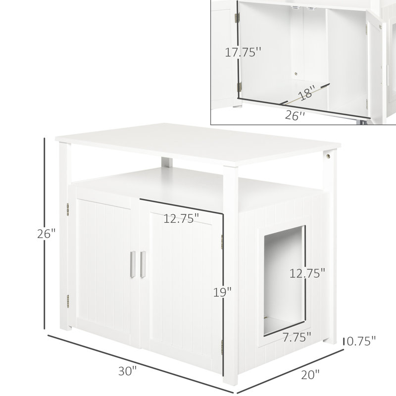 White Cat Litter Box Side Cabinet With Adjustable Partition And Large Tabletop Furniture Removable Easy Maintenance,