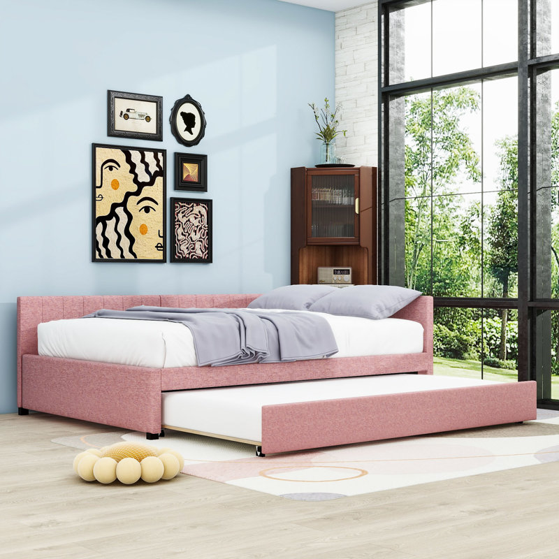 Modern Upholstered Daybed with Twin Trundle, Full / Double, Pink