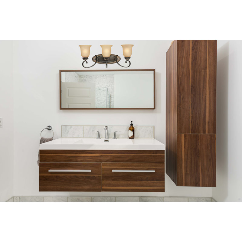 Applique murale 3 lumières Bristol d'intérieur en bronze rétro avec baignoire ou meuble-lavabo doré antique et abat-jour en verre sépia