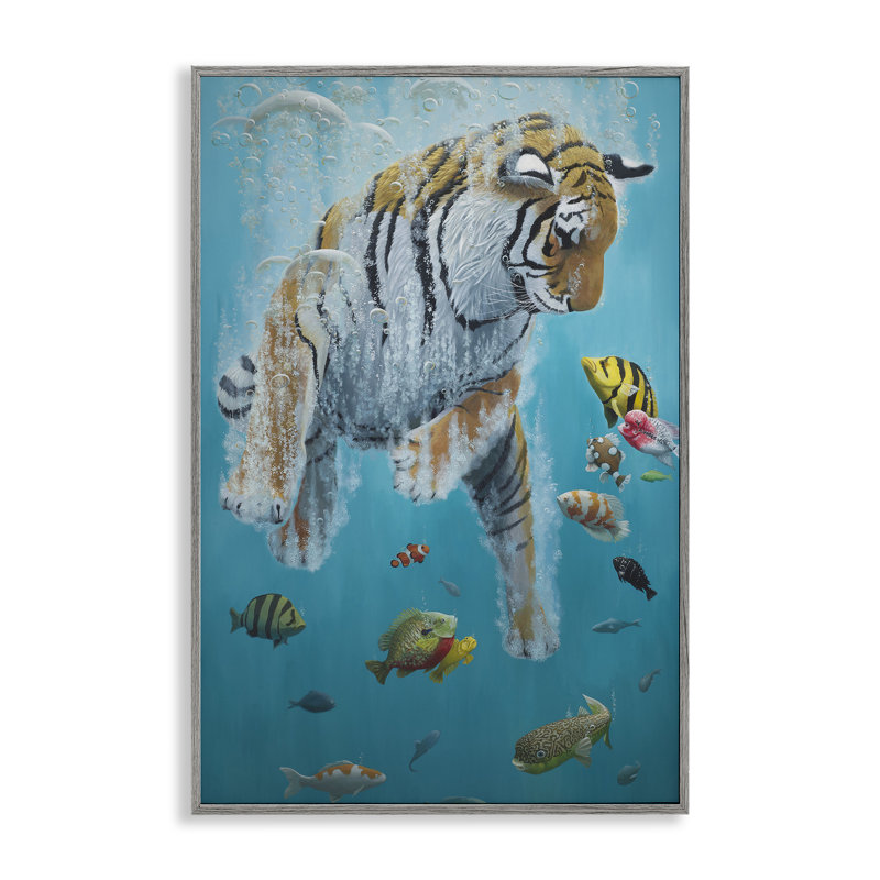 Swimming Tiger Among Fish Framed Giclee, design by Heather Gauthier, Farmhouse Gray Framed Giclee, 18" H x 12" W