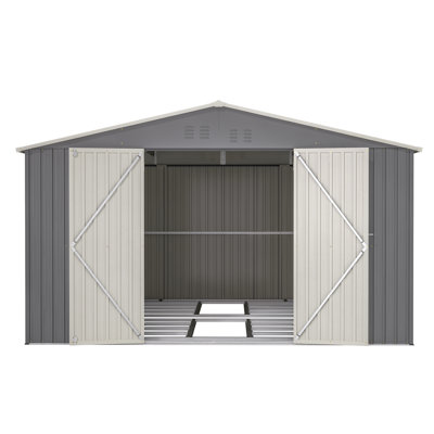 JAXILYN 11x13 FT Galvanized Steel Storage Shed with Floor Frame Kit, Lockable Double Doors, and Sloped Roof for Outdoor Storage, Grey