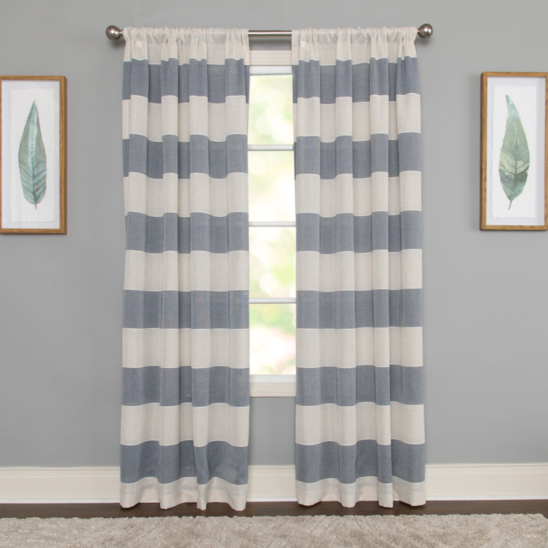 Beitnes Polyester / Linen Room Light-Filtering Horizontal Stripped Curtain Panel with Rod Pocket Top, Beige/Navy