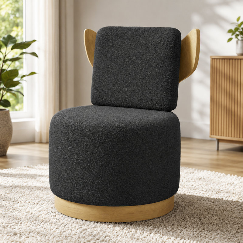 Brayden Upholstered Swivel Armless Accent Chair ( Fully Assembled ), Elbertine Black Polyester Blend, Natural Wood