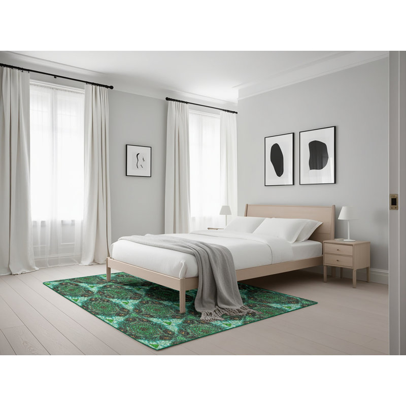 Tapis vert/bleu à motifs, Rectangle 5 pi x 7 pi