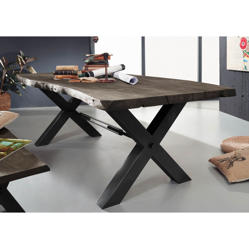 Iron Label Acacia Solid Wood Top Metal Base Dining Table, Dark Anthracite, H76 x L200 x W110cm