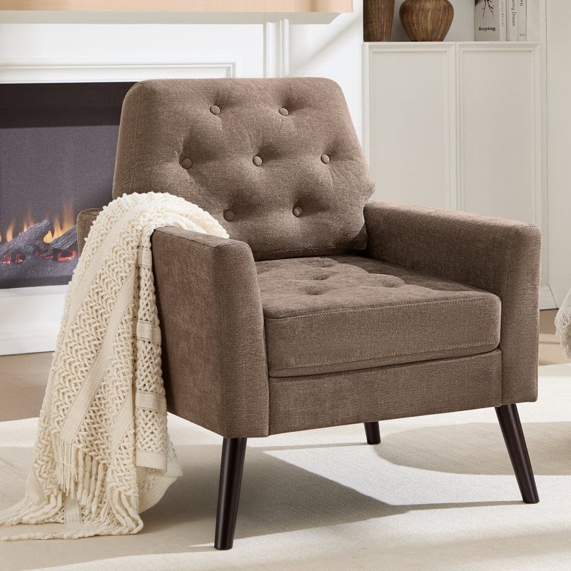 Fauteuil d'appoint rembourré en chenille de style Mid-Century avec pieds rembourrés en bois, Brun