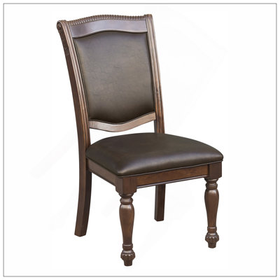 Traditional Dining Wooden Side Chairs Set Of 2 Brown Cherry Finish Faux Leather Upholstery Home Furniture