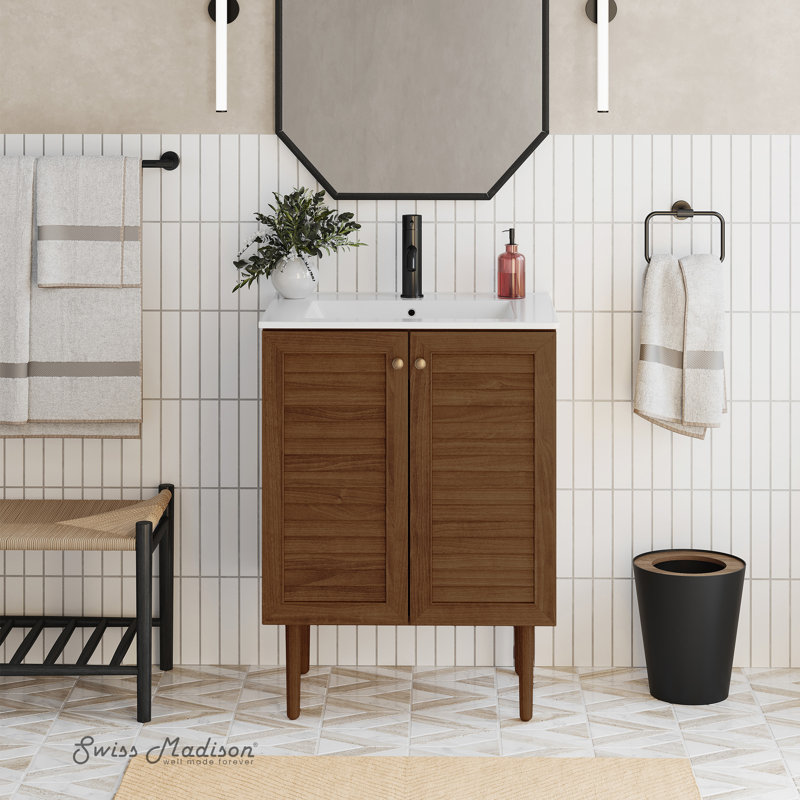 Meuble-lavabo autoportant 24 po Bron, Trou unique, Blanc, Chêne brun
