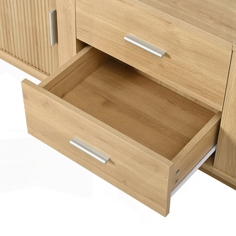 Meuble télé moderne avec tiroirs, rangement coulissant caché, coins arrondis et surface imperméable, pour 65 pouces