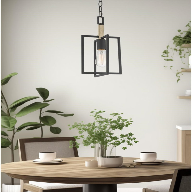 15" Pendant Light + Open Design, Bleached Oak Wood Finish + Sandblasted Black Finish