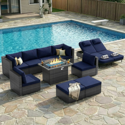 10-piece Outdoor Wicker Sectional Furniture Conversation Set With 60,000 Btu Fire Pit And Double Chaise Lounge