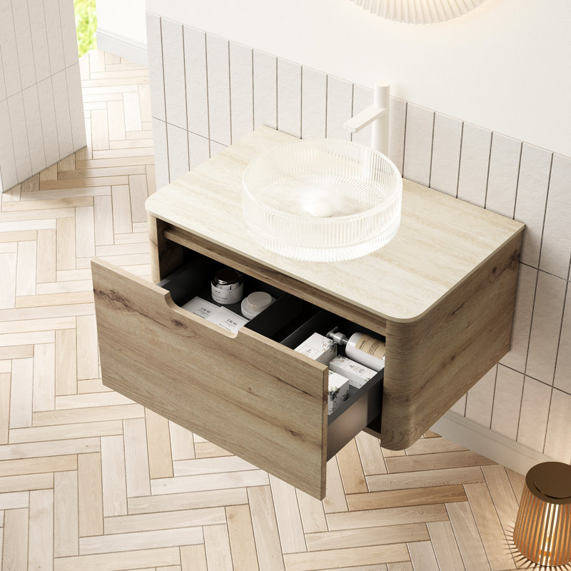 Bathroom Vanity Featuring Transparent Glass Basin With Artistic Stripes And Easy Feature, Plywood Storage In White Oak Color, Pre-Assembled, Quiet Soft Close Drawer Function Easy Maintenance,