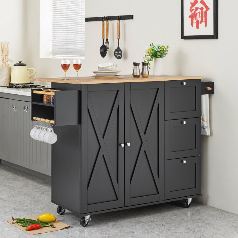 Îlot de cuisine noir sur roulettes avec tiroirs, tablettes, armoire de rangement et porte-serviettes, Noir, Bois manufacturé