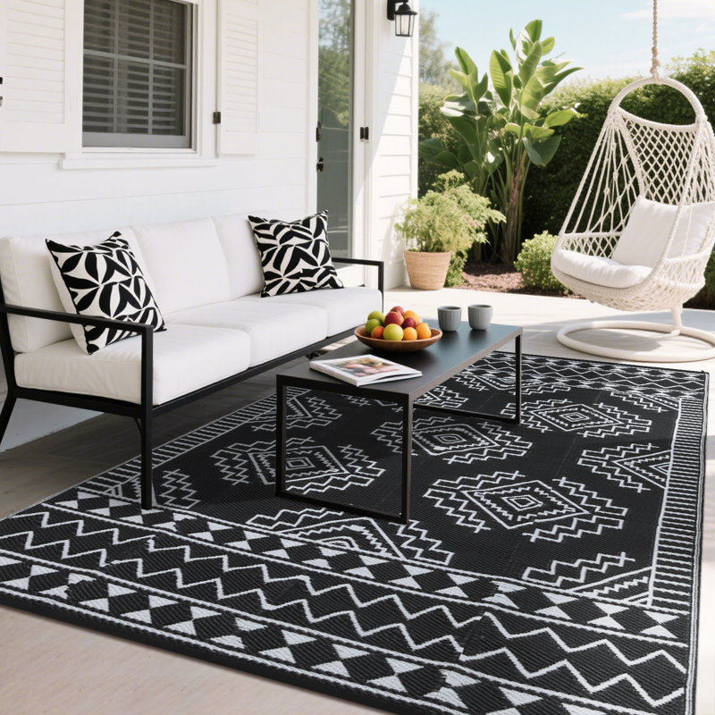 Outdoor Rug for Patio Waterproof 9x12 Boho Outdoor Reversible Plastic Straw Rug Large RV Mat Outside Camping Carpet for Deck Backyard Balcony Picnic Garden Picnic, Black/White