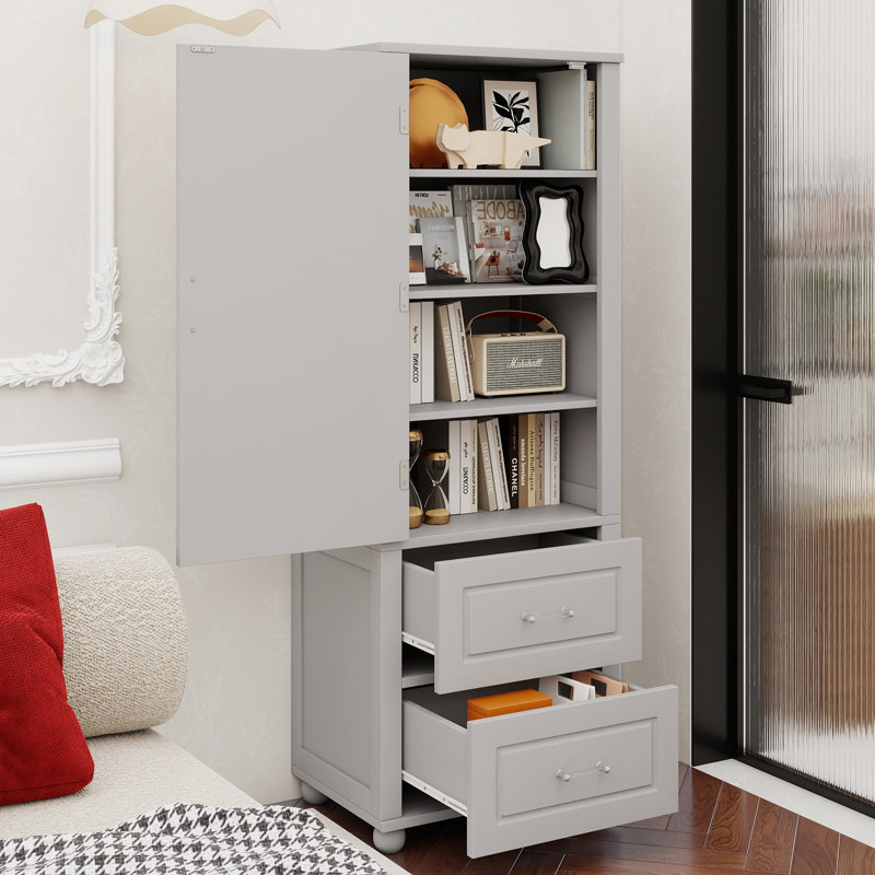 Grande armoire de rangement pour salle de bain, armoire de rangement autoportante avec deux tiroirs et tablette réglable, panneau de fibres à densité moyenne avec finition peinte, gris