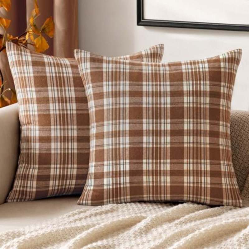 Housses de coussin de Noël écossais tartan écossais 16 x 16 bleu, Carreauté brun