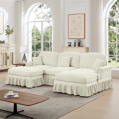 Grand canapé de style Mid-Century en chenille 3 places avec accoudoirs évasés, jupes plissées à volants amovibles et 2 repose-pieds pour le salon