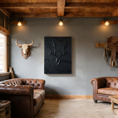 Abstrait noir, art mural en bois à l'arrière, 30 L x 20 l