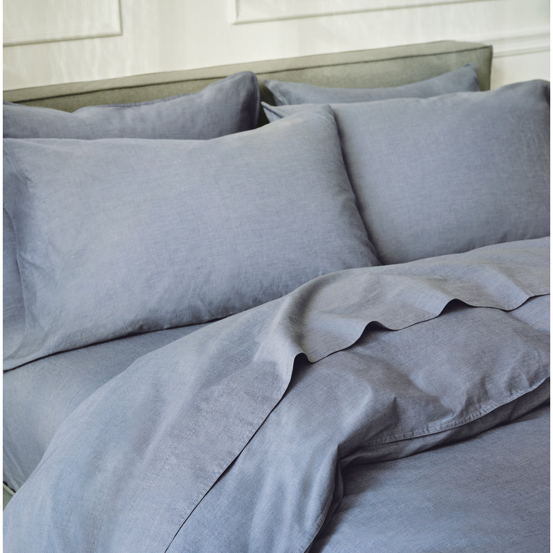 Ensemble de draps en percale organique froissé, Ensemble de draps très grand californien avec 2 t, Indigo chambray