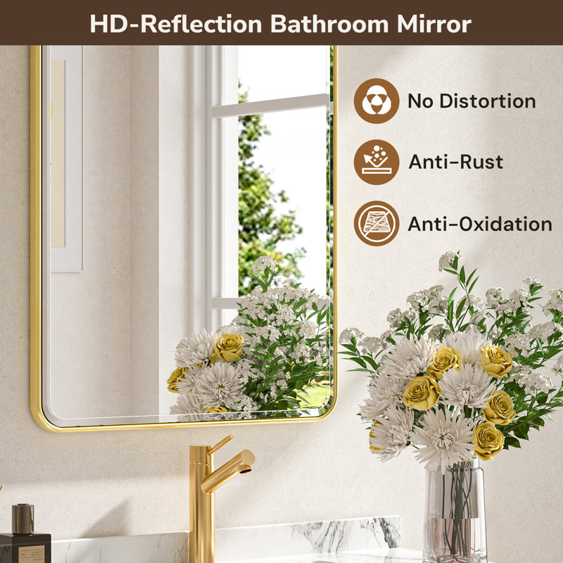 Miroir de salle de bain biseauté avec cadre en aluminium, miroir décoratif mural, verre trempé, 72 po x 36 po, Or brossé