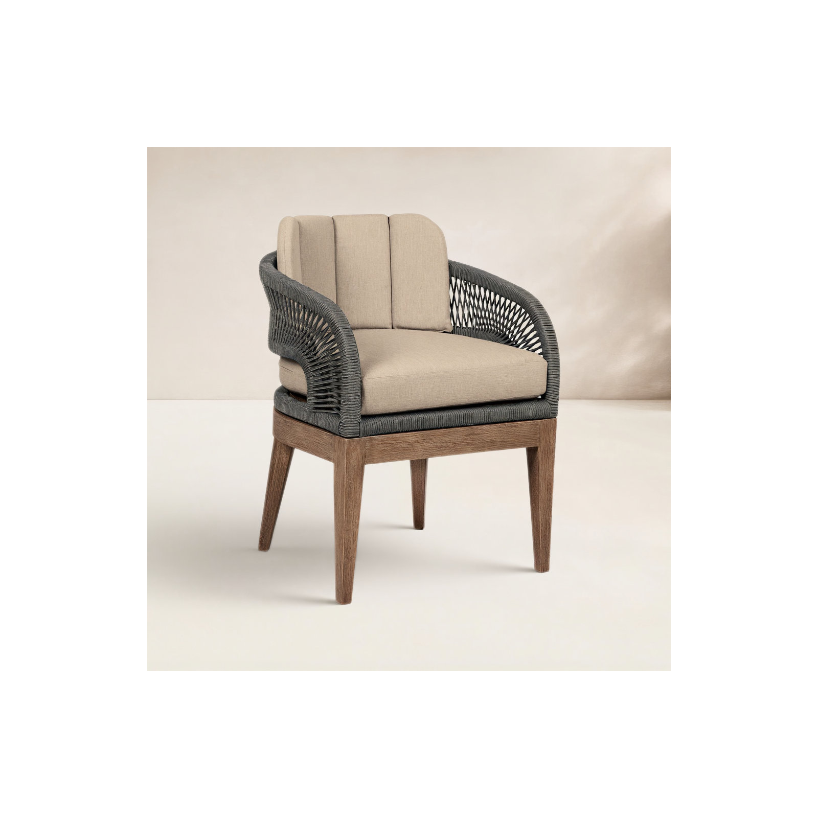 Hareton Patio Dining Armchair in Eucalyptus Wood with Gray Rope and Taupe Olefin Cushions