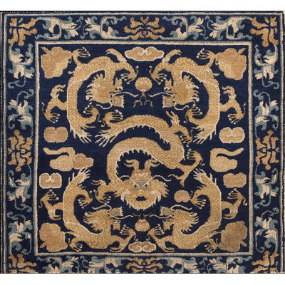 Blue Mid 19th Century Antique Five Clawed Chinese Dragons Square Ningxia Rug