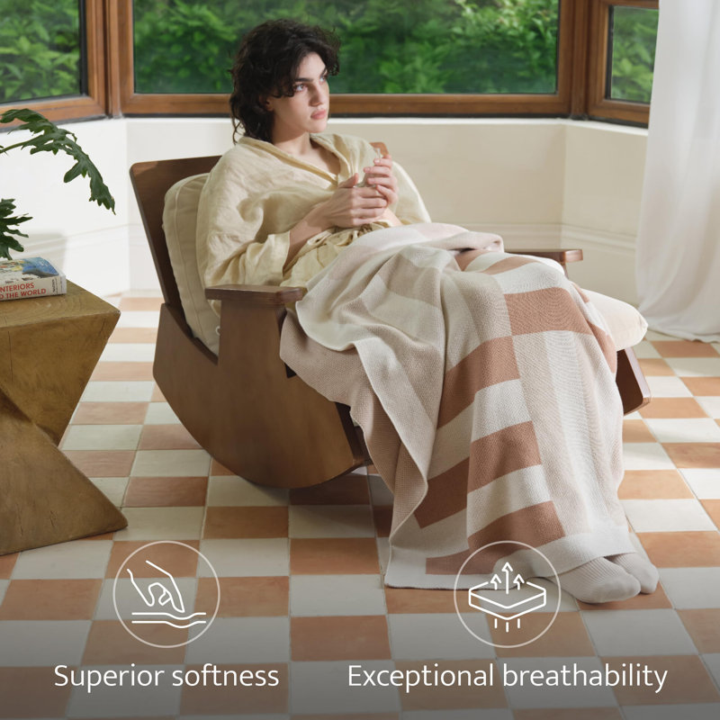 Double Stitch 100% Cotton Soft Knit Throw for Couch Geometric Pattern, Twin, Light Pink Striped