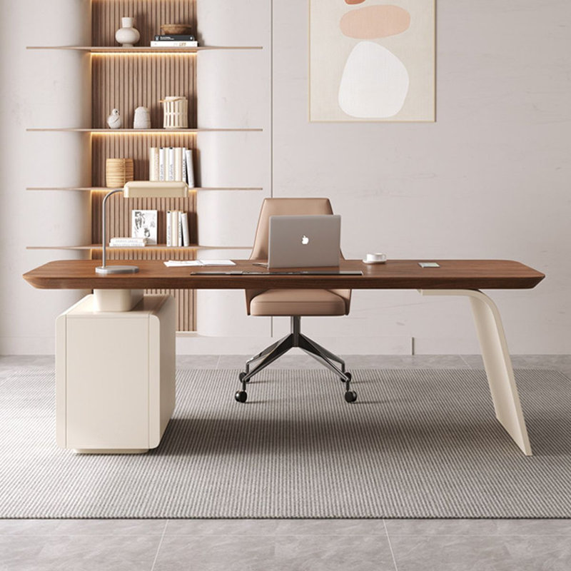 Bureau rectangulaire à 3 tiroirs en bois manufacturé brun noyer + cristal crème, H 29,53 po x l 70,87 po x P 27,56 po