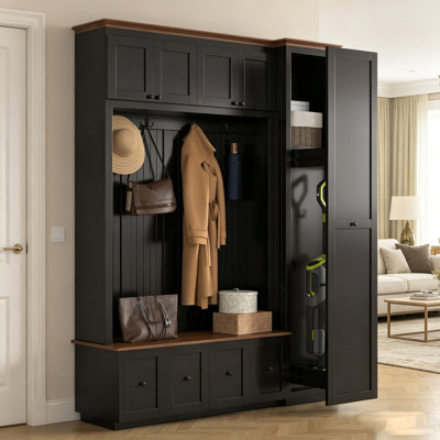Timberline Hall Tree with Bench and Storage Featuring Cabinets, Drawers, and Coat Rack