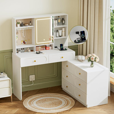 L‑Shape Dressing Table,Vanity Desk with LED Mirror&Power Strip