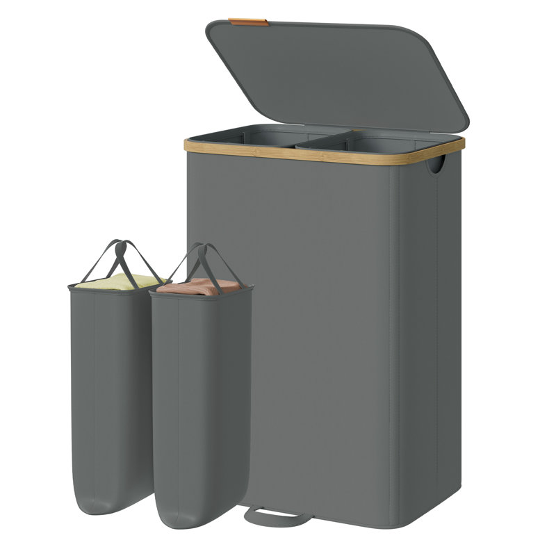 39.6 Gallon 2-Section ,Bamboo Laundry Hamper With Lid And Removable Liners, Gray