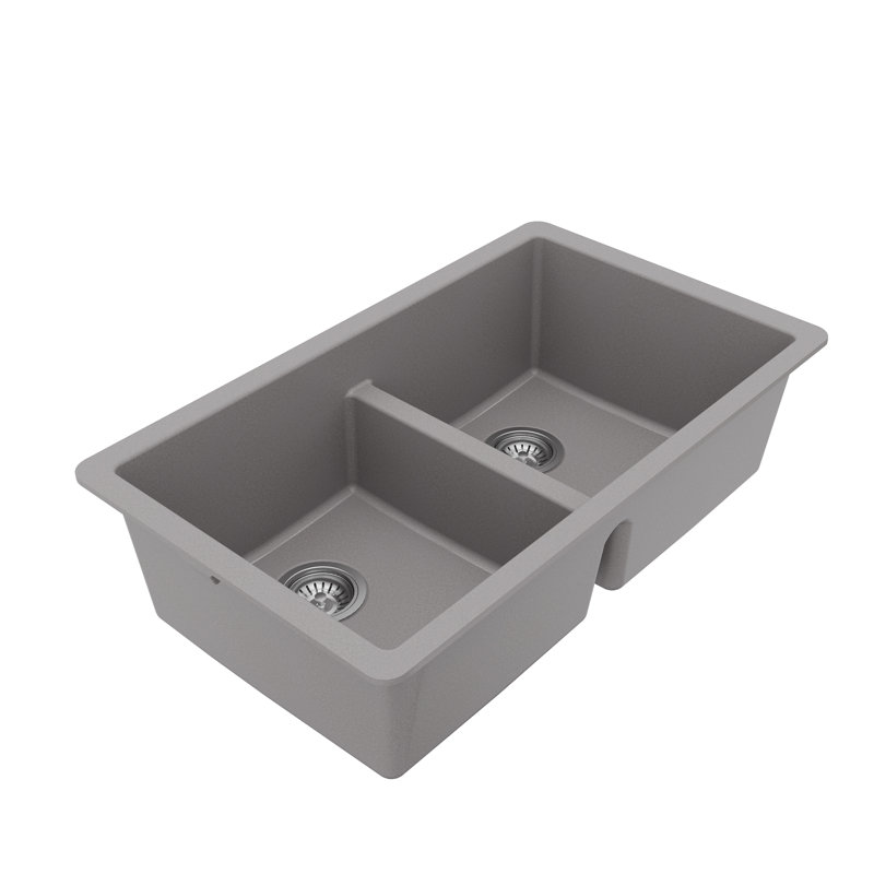 Karran Quartz 32'' X 19-1/2'' Double Bowl 50/50 Undermount Kitchen Sink Kit, Gray