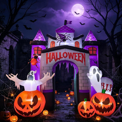 12FT Halloween Inflatable Arch with Ghost Pumpkin Outdoor Yard Decor Giant lighted Halloween arch featuring a ghost & pumpkin,bringing a spooky vibe to your outdoor yard,lawn,porch and parties