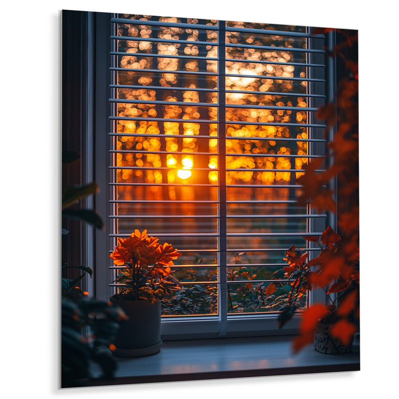 «Window In The Forrest Sunrest» - reproduction d'art traditionnelle en métal, décoration murale en métal pour fenêtre