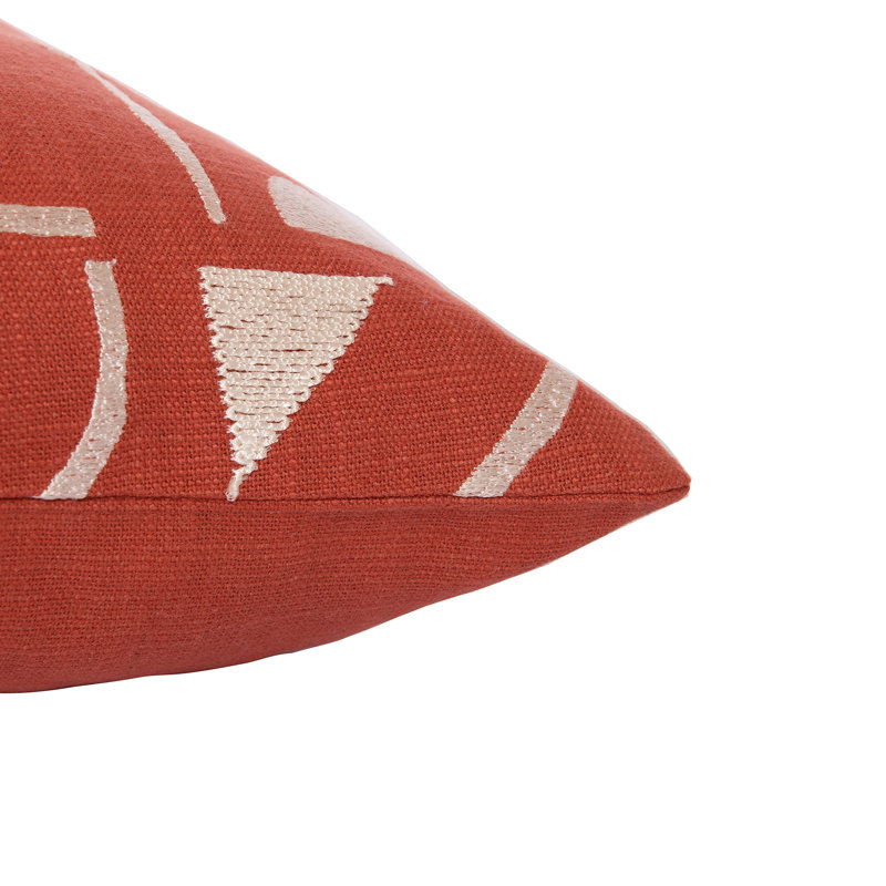 Orange and Ivory Geometric Embroidered Cotton Blend Throw Pillow