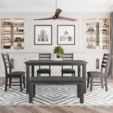 Dining Room Table and Chairs with Bench, Rustic Wood Dining Set, Set of 6