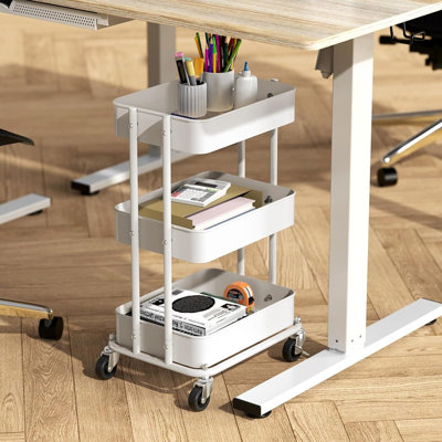 Chariot utilitaire compact à 3 niveaux sur roulettes, organisateur de rangement sous le bureau à faible hauteur de 24 pouces, chariot peu encombrant pour le bureau à domicile, la salle à manger ou la cuisine - blanc
