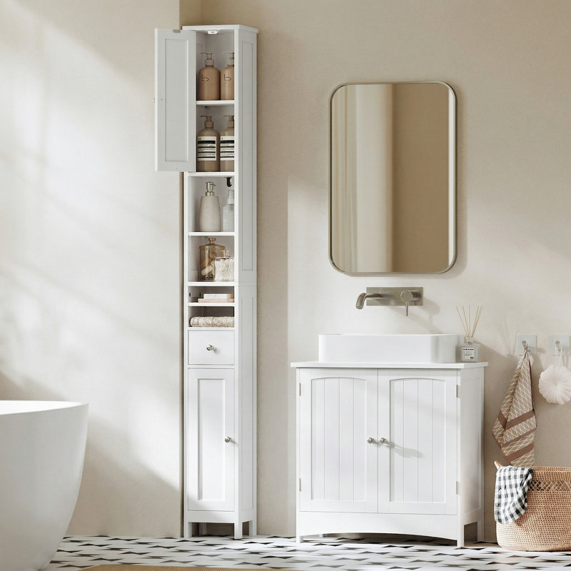 77" H Bathroom Narrow Tall Storage Cabinet with 2 Doors, 1 Drawer，4 open shelf, White