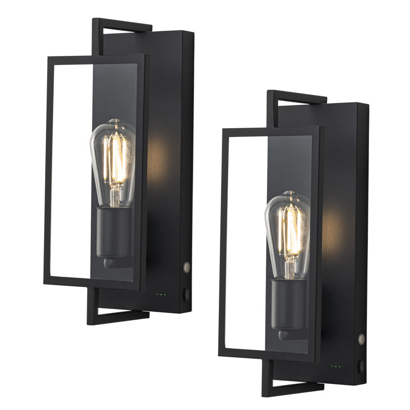 1-light Black Chargeable Adjustable Brightness Indoor Wall Light With Glass Shade(2-pack)