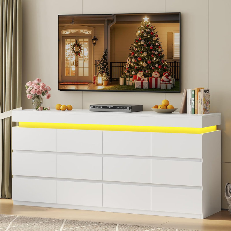 12 Drawer Dresser With Led Light,  Modern Chest Of Drawers For Bedroom,Long Dresser With Drawers For Living Room, Entryway, Hallway