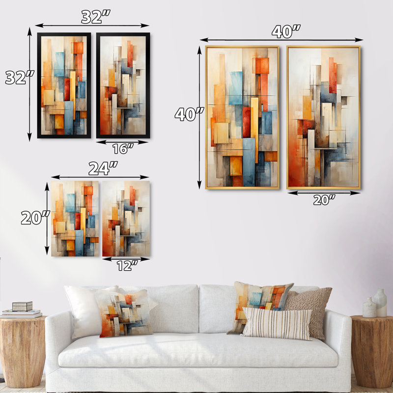 «Cubism Fragmented Perspectives», 2 pièces sur toile, H 40 po x l 40 po, Cadre noir